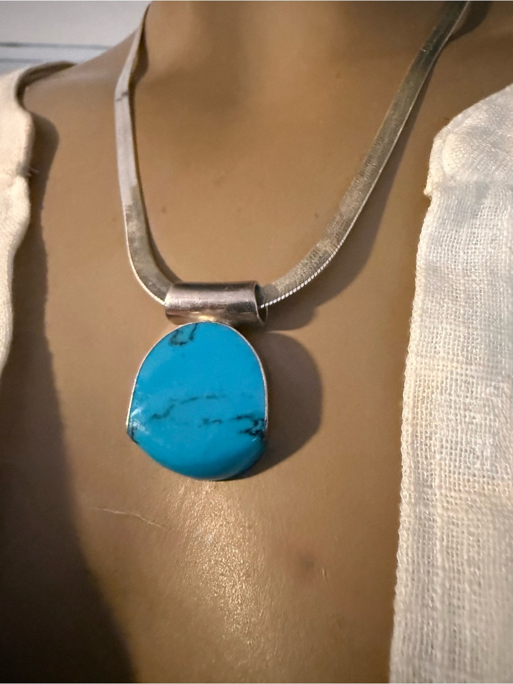 Taxco Sterling Silver Turquoise Pendant Necklace with Wide Herringbone Chain